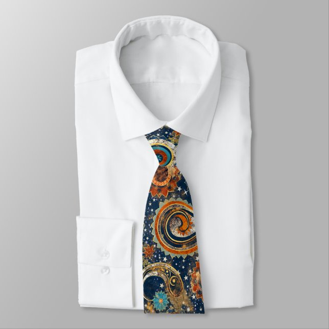Celestial Paisley Pattern Navy Blue, Gold Monogram Tie (Tied)