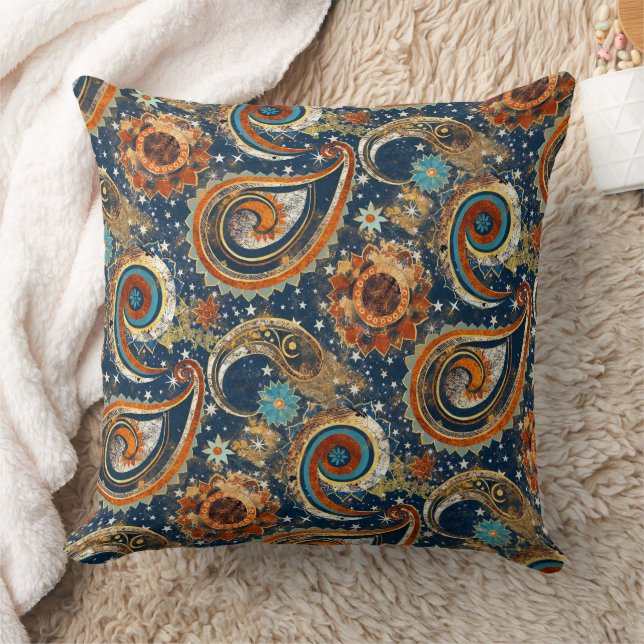 Celestial Paisley Pattern Navy Blue & Gold Vintage Cushion (Blanket)