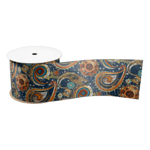 Celestial Paisley Pattern Navy Blue & Gold Vintage Satin Ribbon