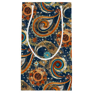 Celestial Paisley Pattern Navy Blue, Orange, Gold Small Gift Bag