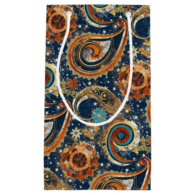  Celestial Paisley Pattern Navy Blue, Orange, Gold Small Gift Bag (Front)