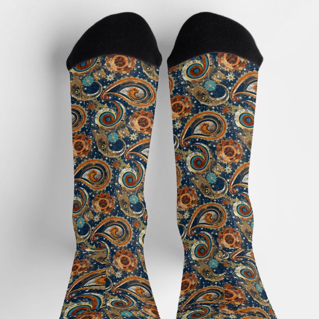  Celestial Paisley Pattern Navy Blue, Orange, Gold Socks (Top)