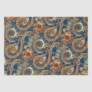  Celestial Paisley Pattern Navy Blue, Orange, Gold Tissue Paper