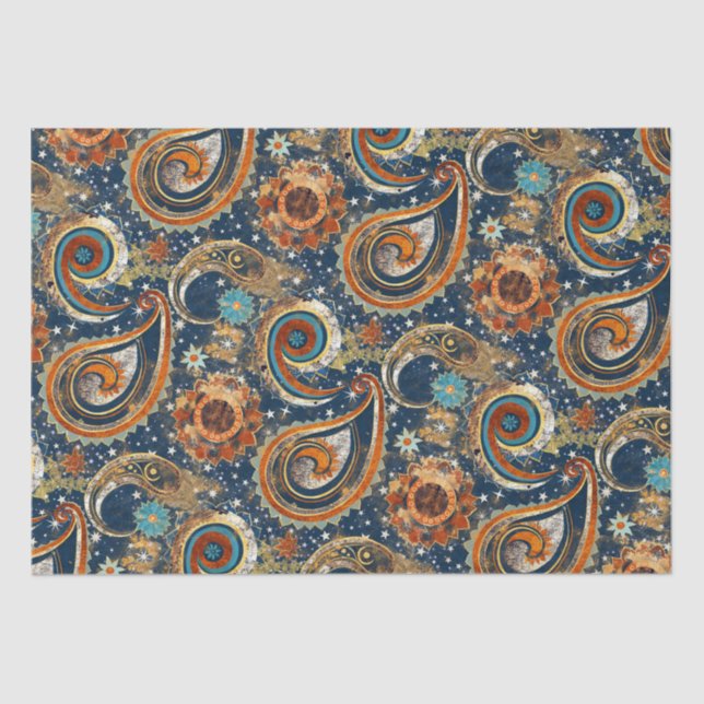 Celestial Paisley Pattern Navy Blue, Orange, Gold Tissue Paper (Front)
