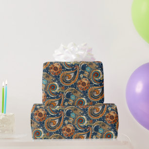  Celestial Paisley Pattern Navy Blue, Orange, Gold Wrapping Paper