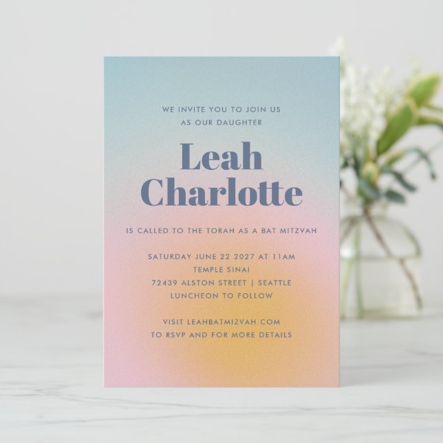 Celestial Pastel Blue Grainy Gradient Bat Mitzvah Invitation (Standing Front)