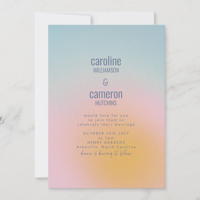Celestial Pastel Blue Pink Grainy Gradient Wedding Invitation (Front)
