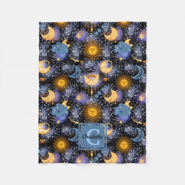 Celestial Pattern Moon Stars Sun Monogram Baby Fle Fleece Blanket (Front)