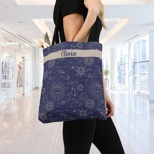 Celestial Pattern Navy Personalised Tote Bag (Creator Uploaded)