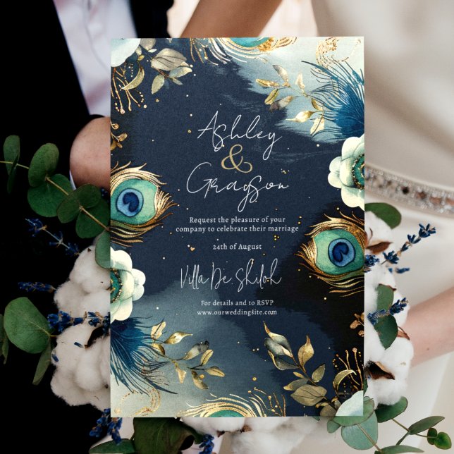 Celestial Peacock Feathers Elegant Wedding Invitation (Creator Uploaded)