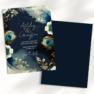 Celestial Peacock Feathers Elegant Wedding Save The Date