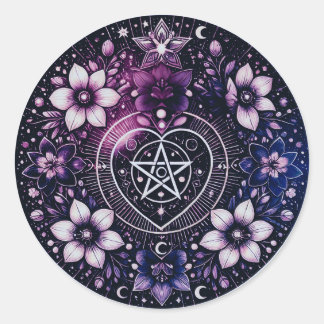 Celestial Pentagram Heart Sticker with Flowers