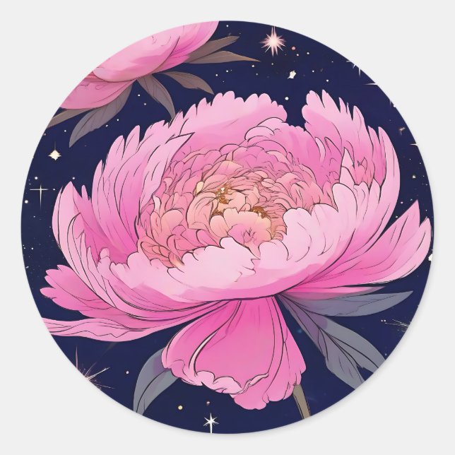 Celestial Peony A Starry Night Bloom Classic Round Sticker (Front)