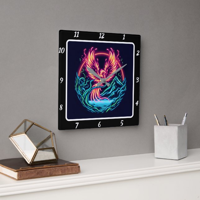 Celestial Phoenix Above Endless Horizons Square Wall Clock (Office)