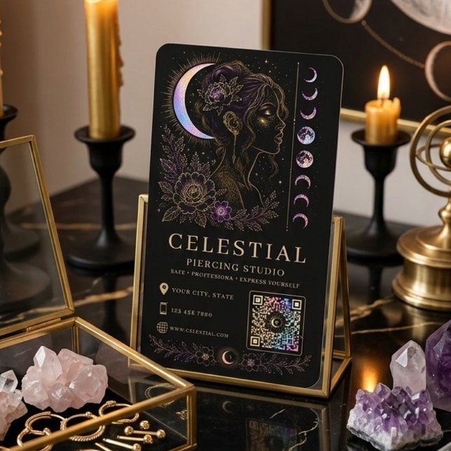 Celestial Piercing Studio Luxury Black Gold QR  Business Card (Creator Uploaded)