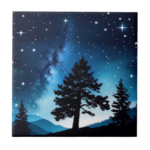 Celestial Pine Watercolor Night Sky Tile
