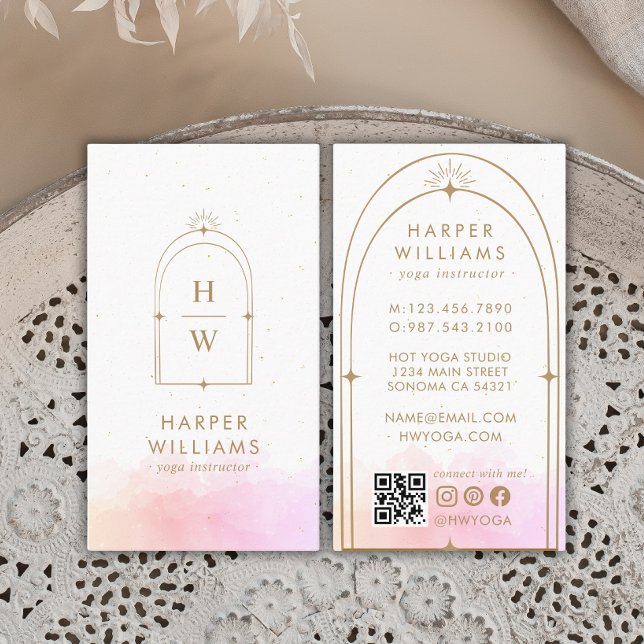Celestial Pink Monogram Yoga Instructor QR Code Business Card (Creator Uploaded)