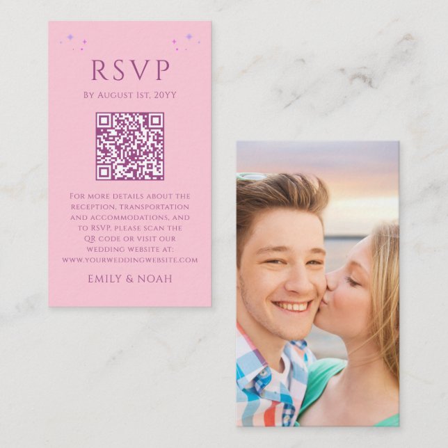 Celestial Pink Purple Budget QR Code RSVP Photo Enclosure Card (Front/Back)