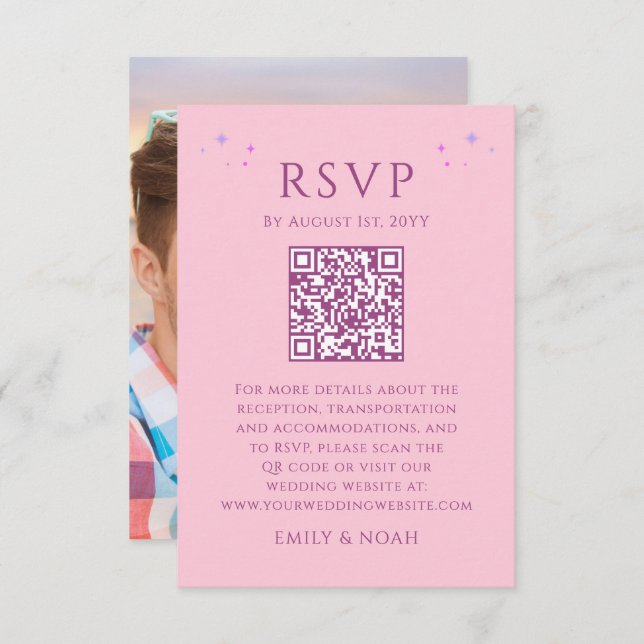Celestial Pink Purple Budget QR Code RSVP Photo Enclosure Card (Front/Back)