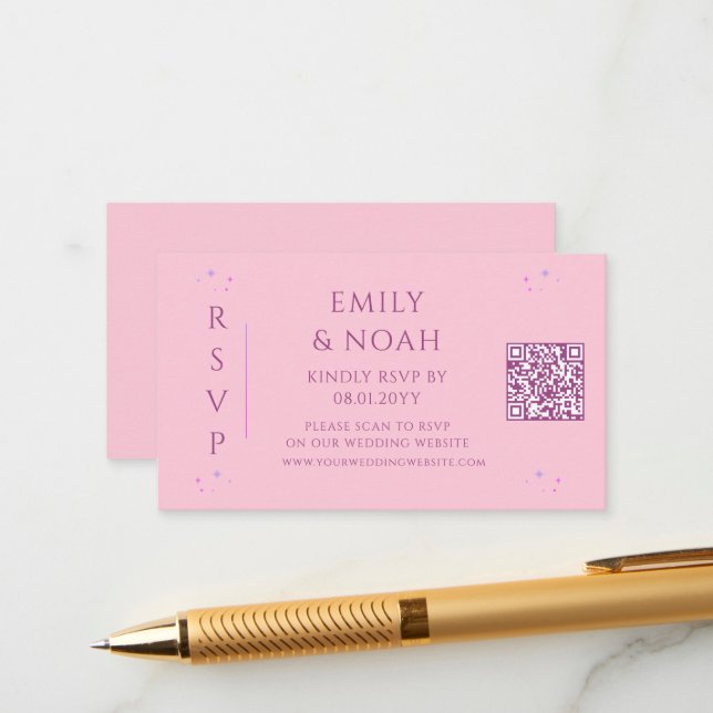 Celestial Pink Purple Budget QR Code RSVP Wedding Enclosure Card (Front/Back In Situ)