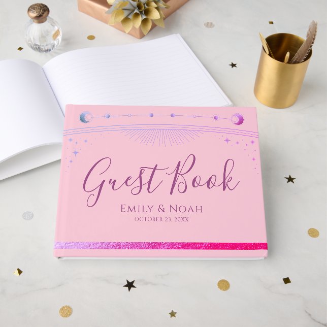 Celestial Pink Purple Sun Moon Stars Wedding  Guest Book (Front Open)