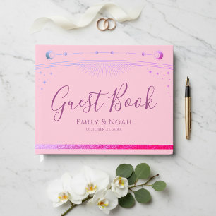 Celestial Pink Purple Sun Moon Stars Wedding Guest Book