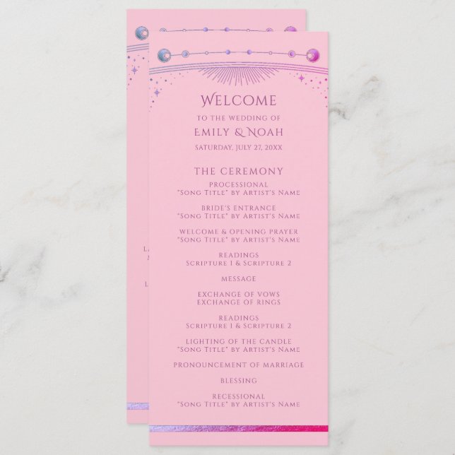 Celestial Pink Purple Sun Moon Stars Wedding Programme (Front/Back)