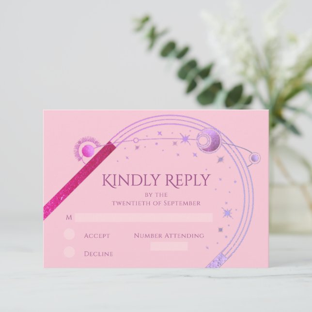 Celestial Pink Purple Sun Moon Stars Wedding RSVP Card (Standing Front)