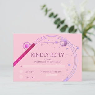 Celestial Pink Purple Sun Moon Stars Wedding RSVP Card