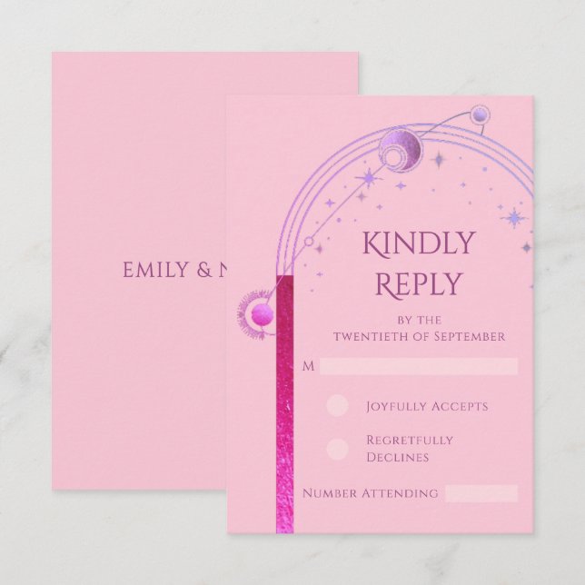 Celestial Pink Purple Sun Moon Stars Wedding RSVP Card (Front/Back)