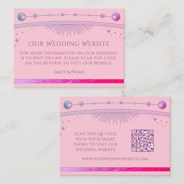 Celestial Pink Purple Wedding Website RSVP QR Code Enclosure Card (Front/Back)
