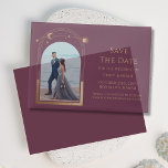 Celestial Plum Gold Photo Wedding Save The Date Vellum Invitations<br><div class="desc">Celestial Chic Plum Gold Photo Wedding Vellum Save The Dates Invitations features a gold coloured sun, moon and stars frame on an elegant plum background. Inside is your favourite photo and your custom save the date information. Personalise by editing the text in the text boxes. Designed for you by ©Evco...</div>