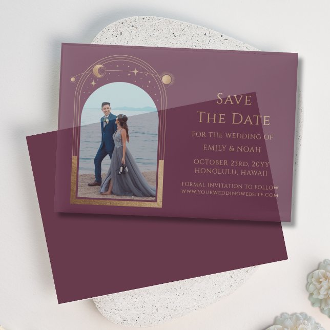 Celestial Plum Gold Photo Wedding Save The Date Vellum Invitations (Creator Uploaded)