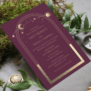 Celestial Plum Gold Sun Moon Stars Wedding Invitation