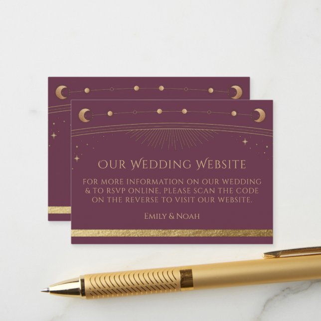 Celestial Plum Gold Wedding Website QR Code RSVP Enclosure Card (Front/Back In Situ)