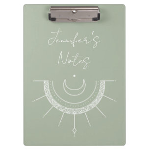 Celestial Pretty Olive Green Sun Moon Personalised Clipboard