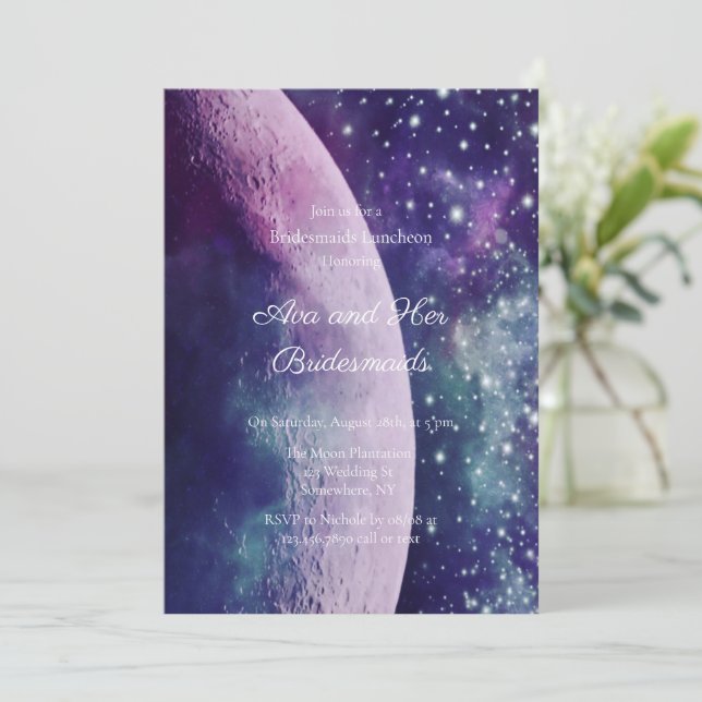 Celestial Purple Galaxy Moon Bridesmaids Luncheon Invitation (Standing Front)