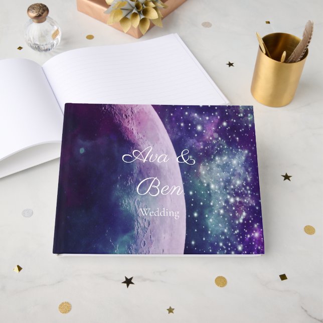 Celestial Purple Galaxy Moon Wedding  Guest Book (Front Open)