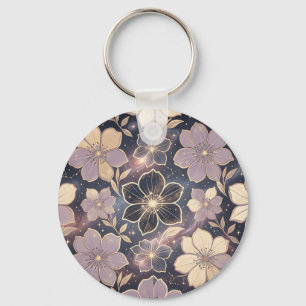 Celestial Purple Gold Floral Pattern Stars Galaxy  Key Ring