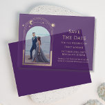 Celestial Purple Gold Photo Wedding Save The Date Vellum Invitations<br><div class="desc">Celestial Chic Purple Gold Photo Wedding Vellum Save The Dates Invitations features a gold sun, moon and stars frame on an elegant purple background. Inside is your favourite photo and your custom save the date information. Personalise by editing the text in the text boxes. Designed for you by ©Evco Studio...</div>