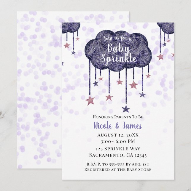 Celestial Purple Gold Stars Baby Sprinkle Shower Invitation (Front/Back)