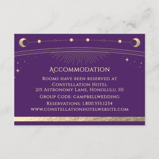Celestial Purple Gold Sun Moon Stars Accommodation Enclosure Card (Front)
