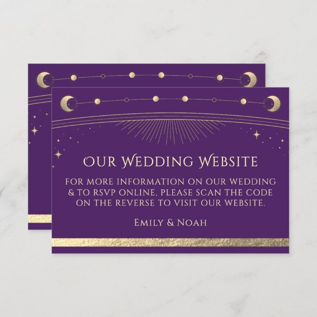 Celestial Purple Gold Wedding Website RSVP QR Code Enclosure Card (Front/Back)