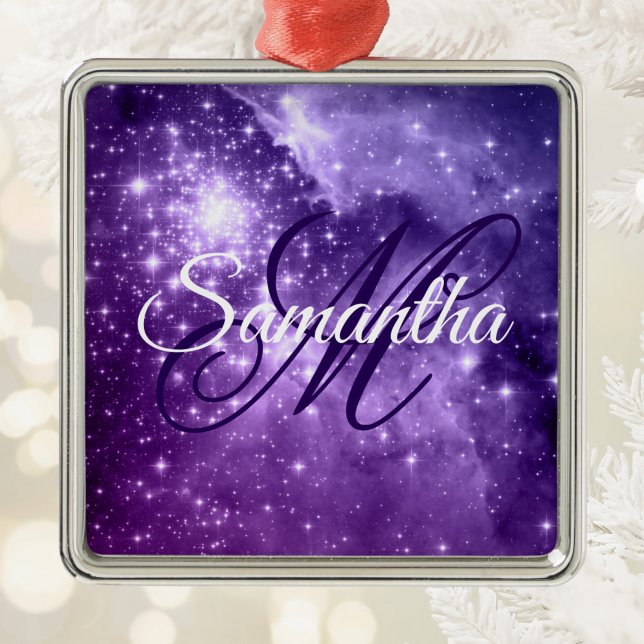 Celestial Purple Starry Sparkle Fancy Monogram Metal Tree Decoration (Celestial Purple Starry Sparkle Fancy Monogram Metal Ornament)