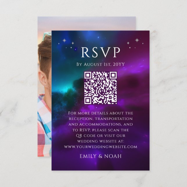 Celestial Purple Teal Budget QR Code RSVP Photo Enclosure Card (Front/Back)