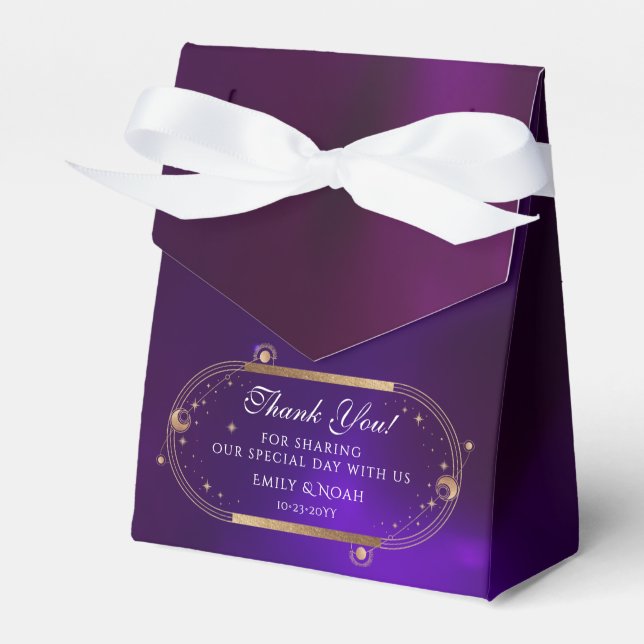 Celestial Purple Teal Gold Sun Moon Stars Wedding Favour Box (Front Side)