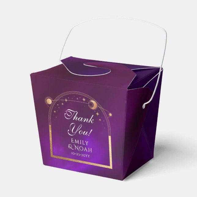 Celestial Purple Teal Gold Sun Moon Stars Wedding Favour Box (Front Side)