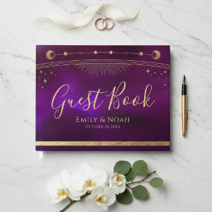 Celestial Purple Teal Gold Sun Moon Stars Wedding Guest Book