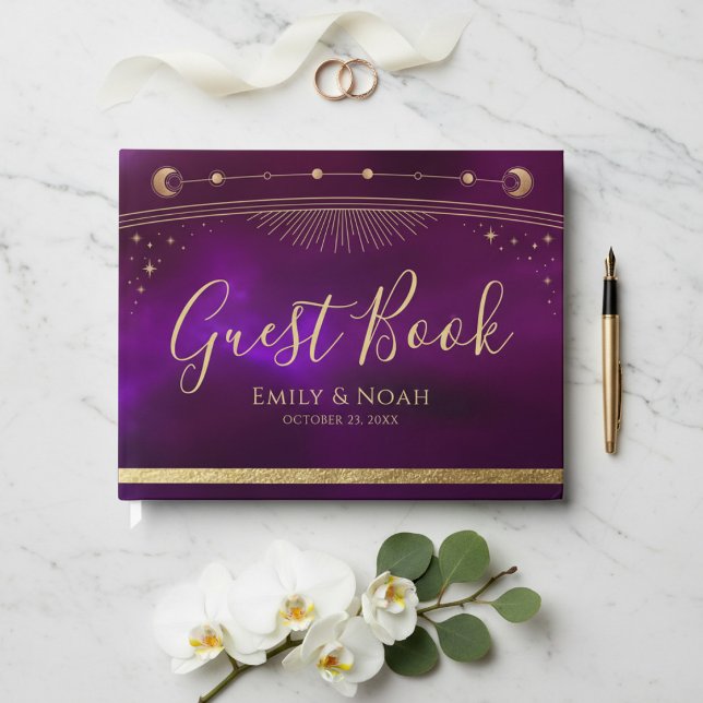 Celestial Purple Teal Gold Sun Moon Stars Wedding  Guest Book (Creator Uploaded)
