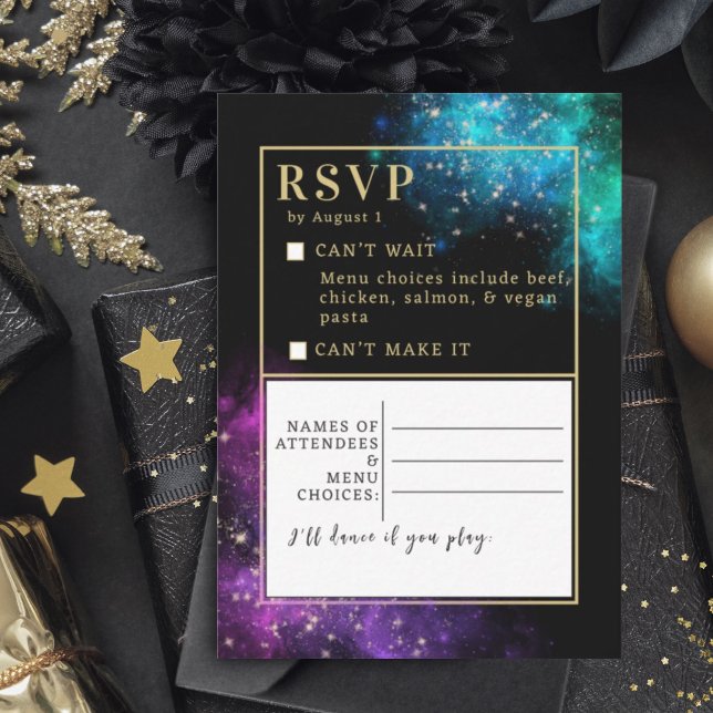 Celestial Purple Teal Nebula Stars Wedding RSVP Card (Creator Uploaded)